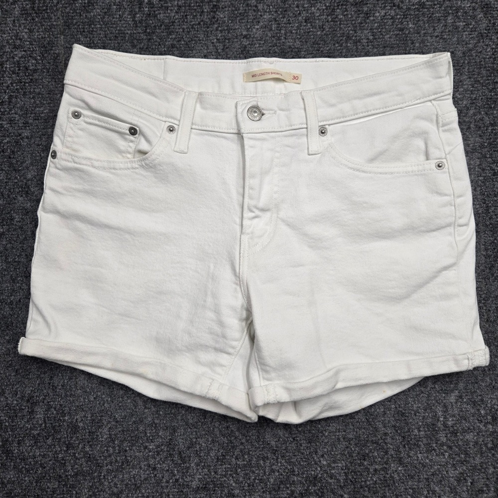 Levis Mid Length Shorts Womens Size W30 White Denim Cuffed Stretch 4" Inseam